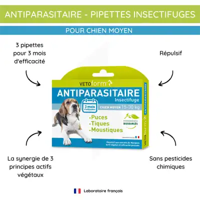 Vetoform Pipettes Antiparasitaire Chien Moyen 15 à 30kg 3x2ml