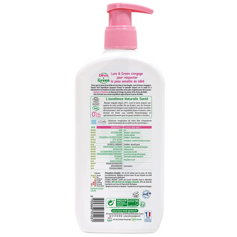 Love & Green - Lait de Toilette Hydratant Bio 0% 500 ml - Fabriqué