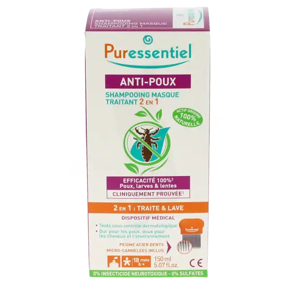 Puressentiel Anti-poux Shampooing Masque Traitant 2 En 1 Anti-poux Avec Peigne - 150 Ml
