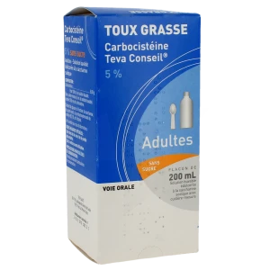 Carbocisteine Teva Conseil 5 % Adultes Sans Sucre, Solution Buvable édulcorée à La Saccharine Sodique