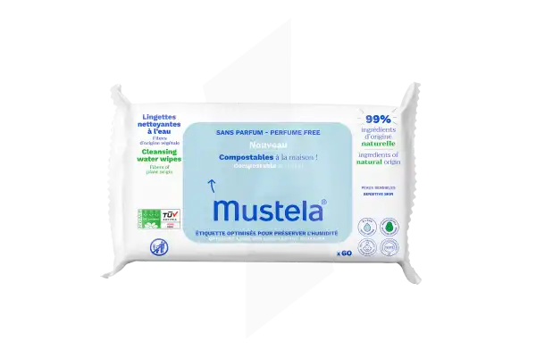 Mustela Lingettes nettoyantes à l'eau compostables sans parfum Paquet de 60
