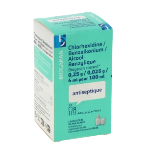 Chlorhexidine/benzalkonium/alcool Benzylique Biogaran Conseil 0,25 G/ 0,025 G/ 4 Ml Pour 100 Ml, Solution Pour Application Locale