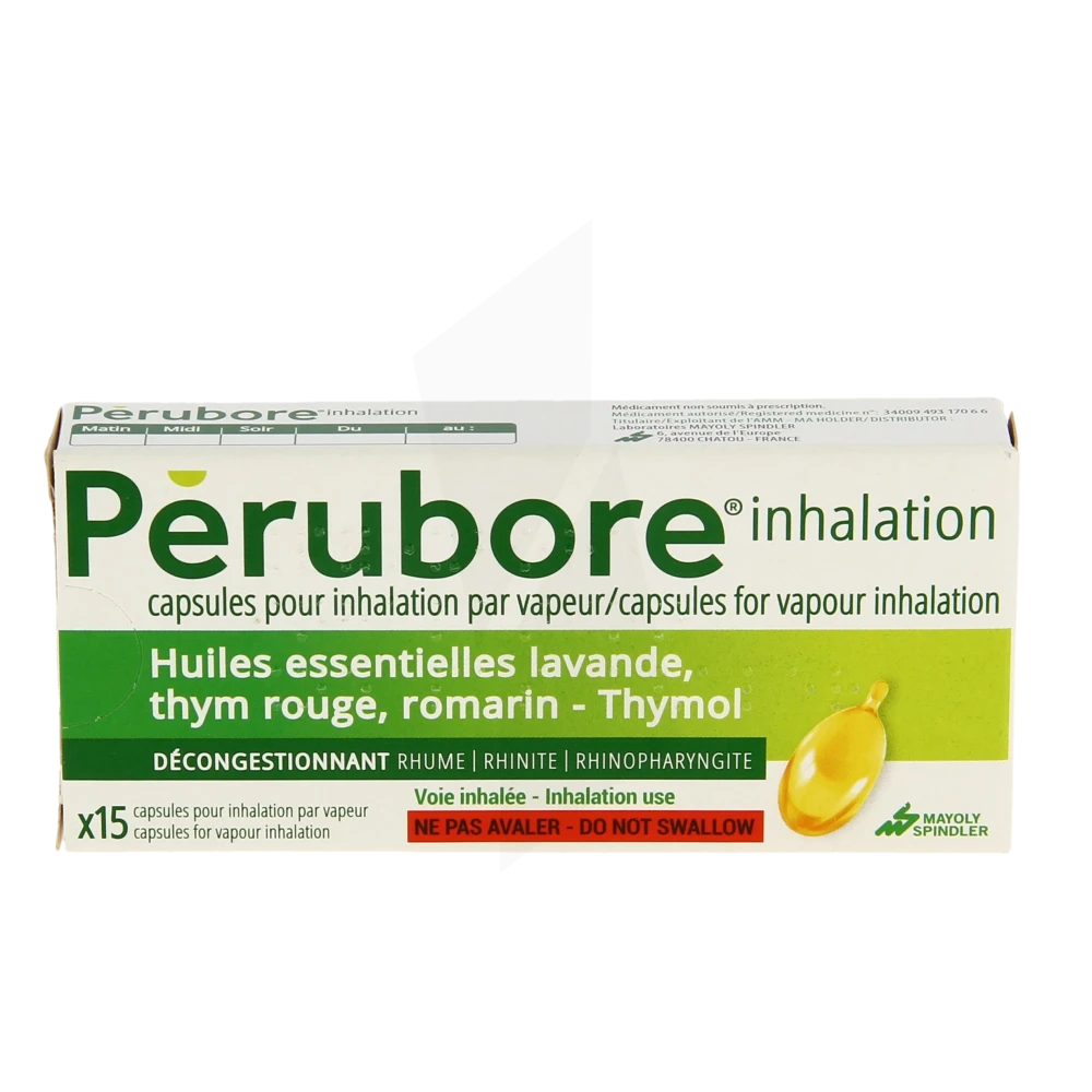 Pharmacie Agen-Sud - Médicament Perubore Caps Inhalation Par Vapeur  Inhalation Plq/15 - Romarin essence ; Thymol ; Lavande essence ; Thym  essence - Agen