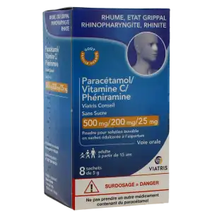 Paracetamol/vitamine C/pheniramine Viatris Conseil Sans Sucre 500 Mg/200 Mg/25 Mg, Poudre Pour Solution Buvable En Sachet édulcorée à L’aspartam à CAYENNE
