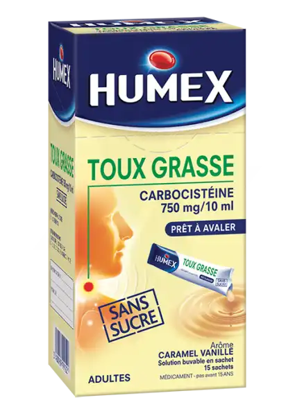 Humex Expectorant Carbocisteine 750 Mg/10 Ml Adultes Sans Sucre, Solution Buvable En Sachet édulcorée à La Saccharine Sodique, Au Sorbitol Et Au Maltitol Liquide