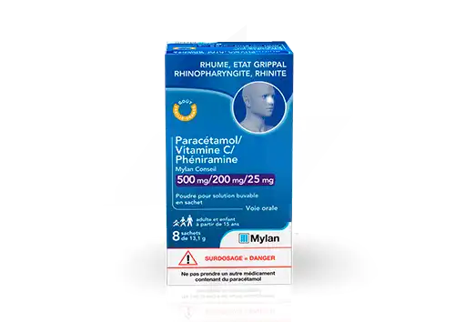 Paracetamol/vitamine C/pheniramine Mylan Conseil 500 Mg/200 Mg/25 Mg, Poudre Pour Solution Buvable En Sachet