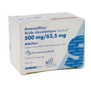 Amoxicilline/acide Clavulanique Sandoz 500 Mg/62,5 Mg Adultes, Comprimé Pelliculé (rapport Amoxicilline/acide Clavulanique : 8/1)