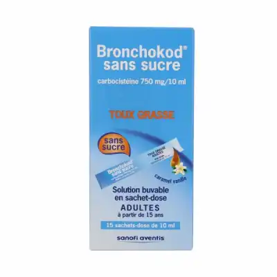 BRONCHOKOD 750 mg/10 ml ADULTES SANS SUCRE CARAMEL VANILLE, solution buvable en sachet-dose édulcorée à la saccharine sodique, au sorbitol et au maltitol liquide