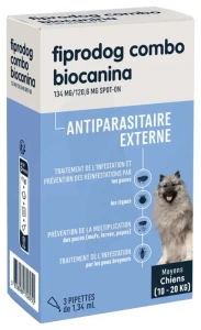 Fiprodog Combo 134 Mg/120,6 Mg Solution Pour Spot-on Chien Moyen 3pipettes/0,5ml