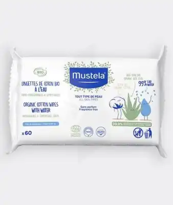 Mustela Bébé enfant Lingettes de Coton Bio à l'Eau Sachet/60
