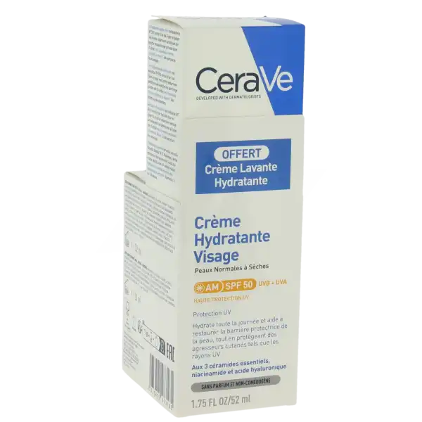 Cerave Crème Hydratante Visage Spf50 Pour Les Peaux Normales à Sèches Tube/52ml + Crème Lavante 20ml