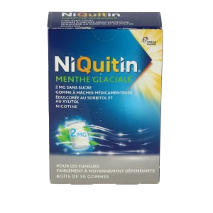 Niquitin Menthe Glaciale 2 Mg Sans Sucre, Gomme à Mâcher Médicamenteuse édulcorée Au Sorbitol Et Au Xylitol