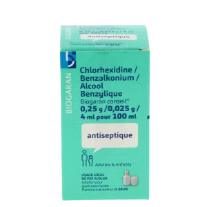 Chlorhexidine/benzalkonium/alcool Benzylique Biogaran Conseil 0,25 G/ 0,025 G/ 4 Ml Pour 100 Ml, Solution Pour Application Locale