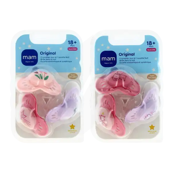 MAM ORIGINAL Sucette silicone + 18 mois rose Boîte de 3