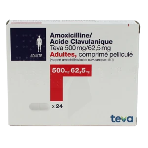 Amoxicilline/acide Clavulanique Teva 500 Mg/62,5 Mg Adultes, Comprimé Pelliculé (rapport Amoxicilline/acide Clavulanique : 8/1)