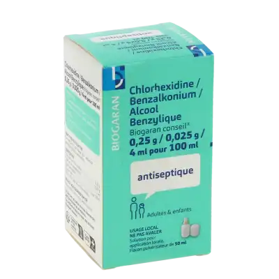 Chlorhexidine/benzalkonium/alcool Benzylique Biogaran Conseil 0,25 G/ 0,025 G/ 4 Ml Pour 100 Ml, Solution Pour Application Locale à VILLENEUVE-LOUBET