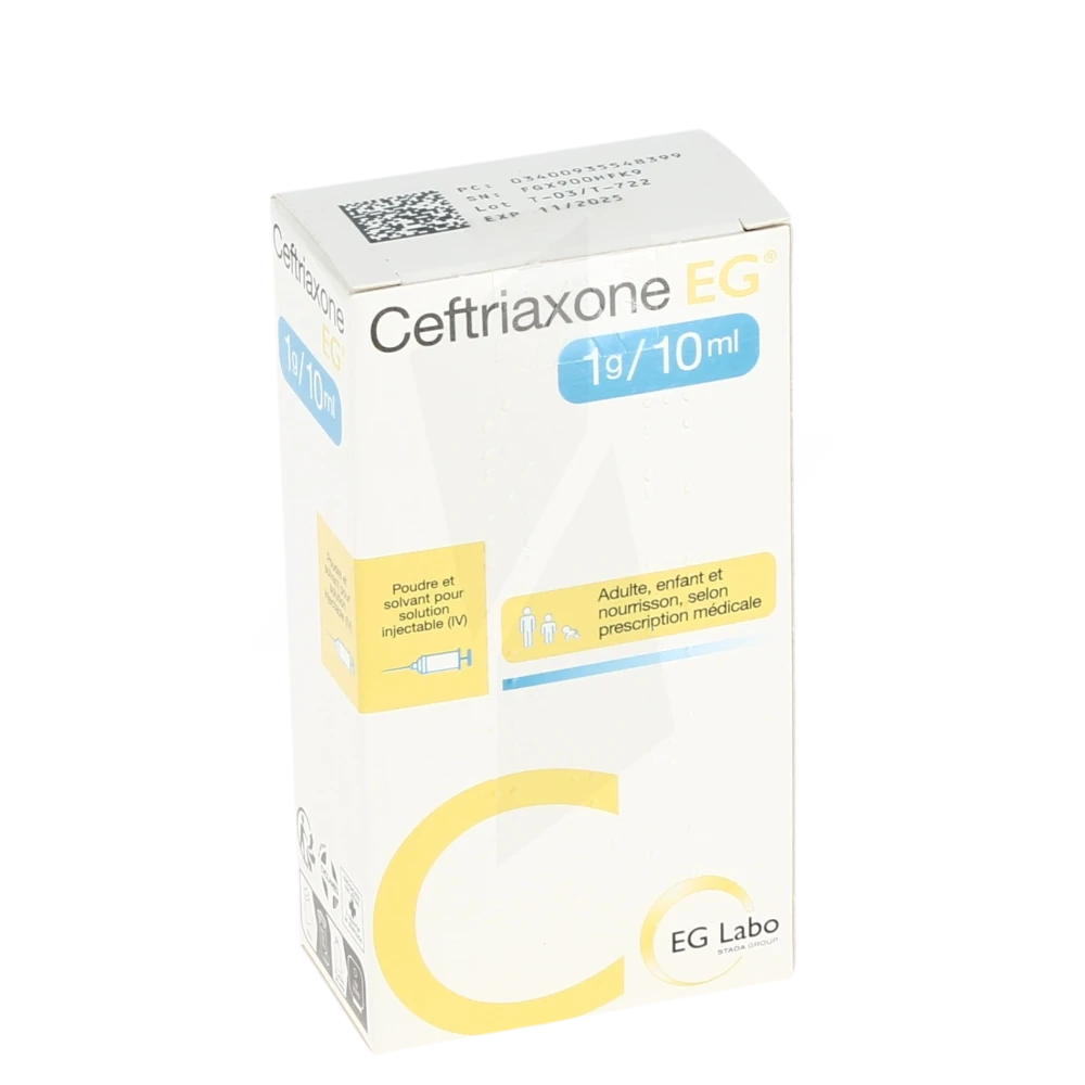Ceftriaxone Eg 1 G/10 Ml, Poudre Et Solvant Pour Solution Injectable (iv)