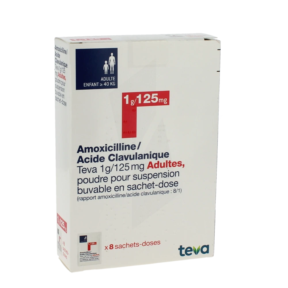 Amoxicilline/acide Clavulanique Teva 1 G/ 125 Mg Adultes, Poudre Pour Suspension Buvable En Sachet-dose (rapport Amoxicilline/acide Clavulanique : 8/1)