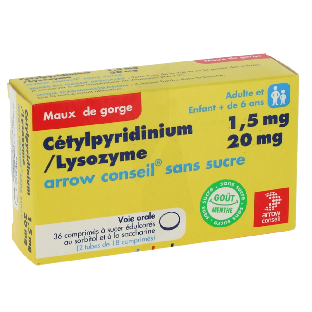 Cetylpyridinium/lysozyme Arrow Conseil 1,5 Mg/20 Mg Sans Sucre, Comprimé à Sucer édulcoré Au Sorbitol Et à La Saccharine