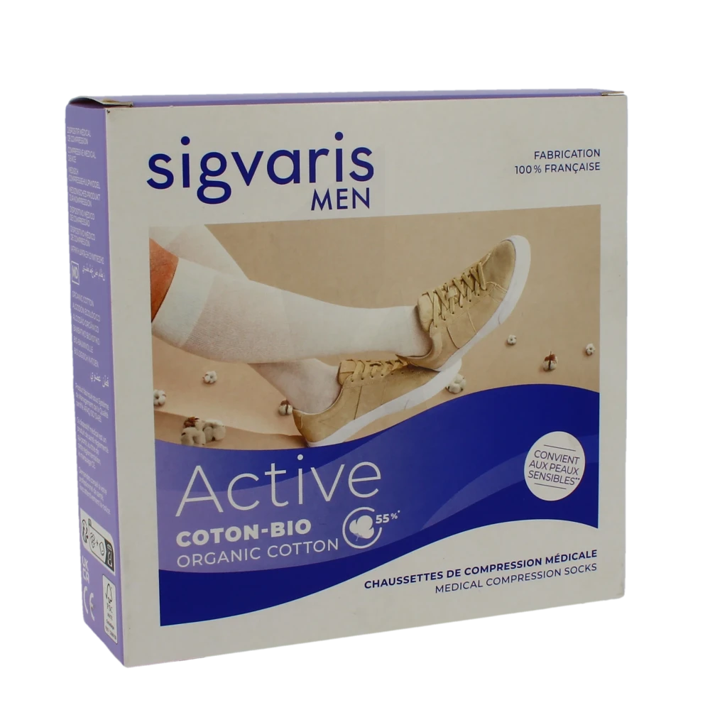 Sigvaris Active Coton Bio 55% Chaussette Classe 2 Homme Noir Long S