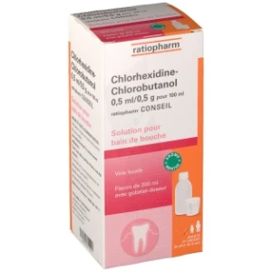 Chlorhexidine/chlorobutanol Ratiopharm 0,5 Ml/0,5 G Pour 100 Ml, Solution Pour Bain De Bouche En Flacon