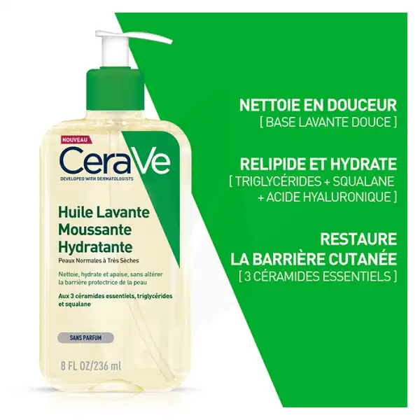 Cerave Huile Lavante Moussante Hydratante Pour Les Peaux Normales à Très Sèches Et Les Peaux à Tendance Atopique Flacon Pompe/236ml