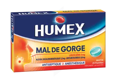 HUMEX MAL DE GORGE LIDOCAINE/ALCOOL DICHLOROBENZYLIQUE/AMYLMETACRESOL 2 mg/1,2 mg/0,6 mg MENTHE, pastille