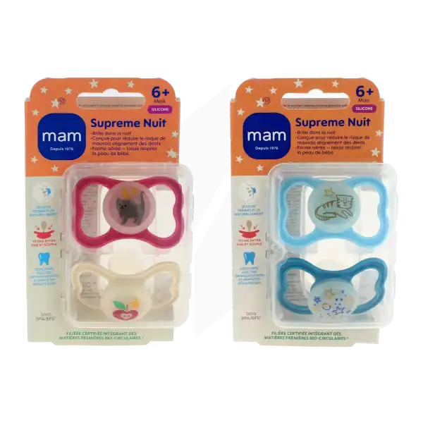 MAM SUPREME Sucette silicone + 6 mois nuit Boîte de 2
