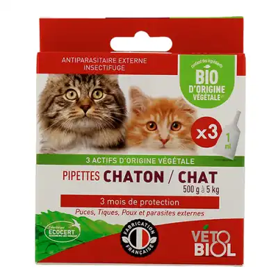 Vétobiol bio Pipettes Antiparasitaire Chat Et Chaton B/3 à Cholet
