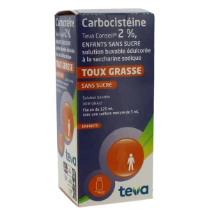 Carbocisteine Teva Conseil 2 % Enfants Sans Sucre, Solution Buvable édulcorée à La Saccharine Sodique