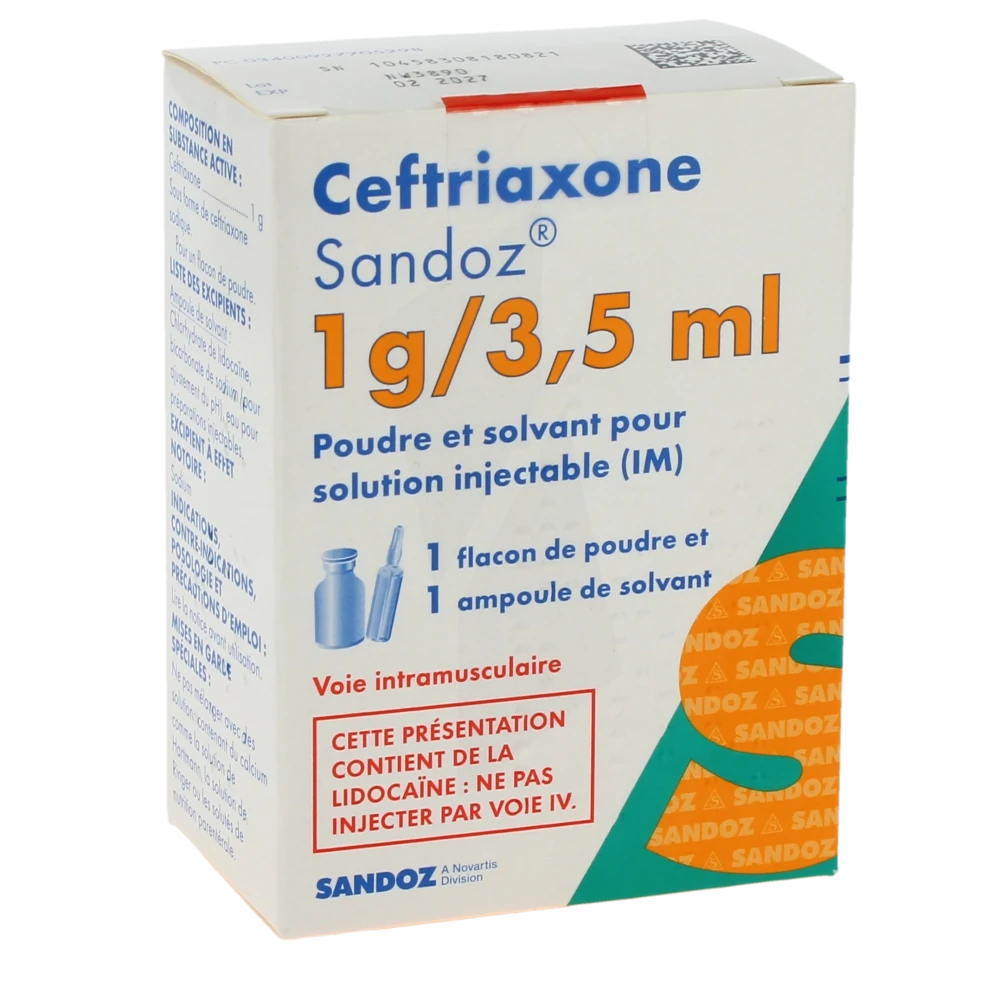 Ceftriaxone Sandoz 1 G/3,5 Ml, Poudre Et Solvant Pour Solution Injectable (im)