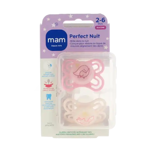 Mam Perfect Sucette Anatomique Silicone 2-6mois Nuit B/2