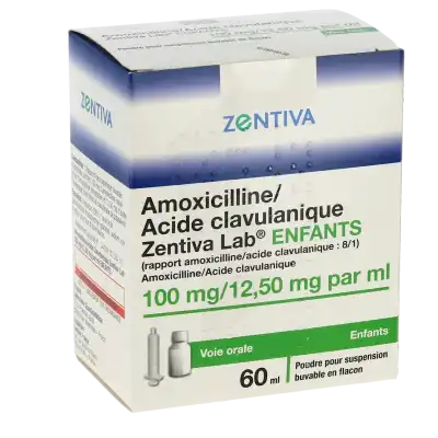 AMOXICILLINE/ACIDE CLAVULANIQUE ZENTIVA LAB 100 mg/12,50 mg par ml ENFANTS, poudre pour suspension buvable en flacon (rapport amoxicilline/acide clavulanique : 8/1)