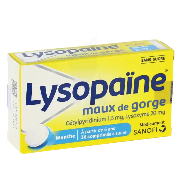 LysopaÏne Maux De Gorge Cetylpyridinium Lysozyme Sans Sucre, Comprimé à Sucer édulcoré Au Sorbitol Et à La Saccharine