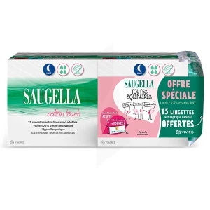 Saugella Cotton Touch Serviette Périodique Avec Ailettes Nuit Lot/2 + Lingettes