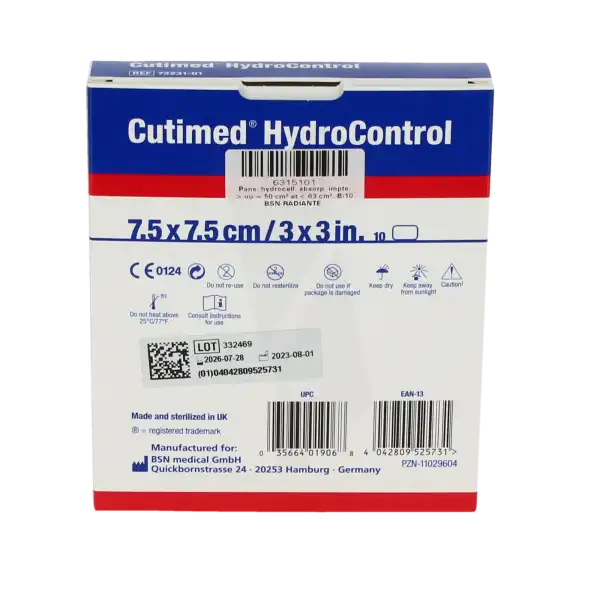 Cutimed Hydrocontrol Pans Absorbant Stérile Adhésif 7,5x7,5cm B/10