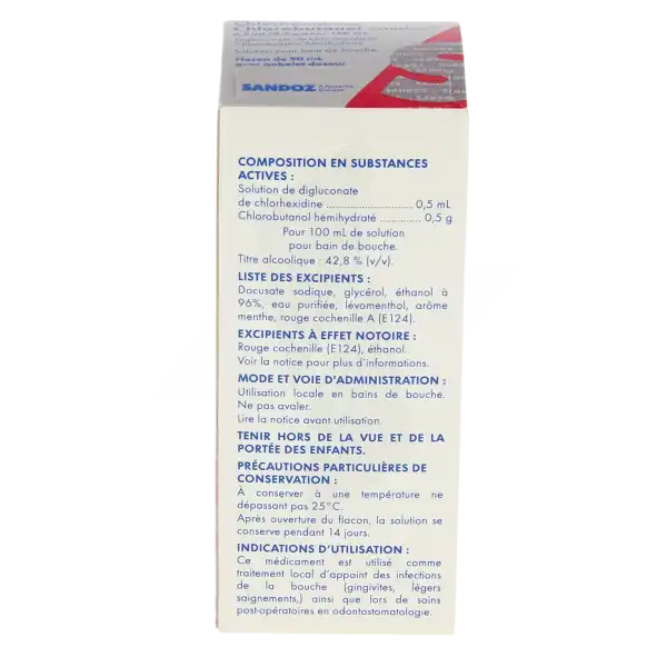 Chlorhexidine/chlorobutanol Sandoz 0,5 Ml/0,5 G Pour 100 Ml, Solution Pour Bain De Bouche En Flacon