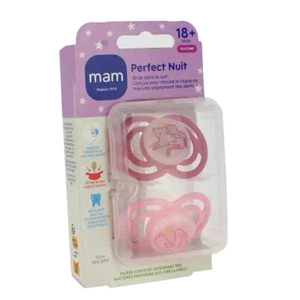 MAM PERFECT Sucette anatomique silicone +18mois nuit animaux B/2