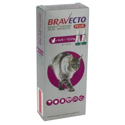 BRAVECTO PLUS 500 MG / 25 MG SOLUTION POUR SPOT-ON POUR CHATS DE GRANDE TAILLE (> 6,25 - 12,5 KG), Solution pour spot-on
