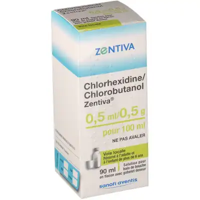 CHLORHEXIDINE/CHLOROBUTANOL ZENTIVA 0,5 ml/0,5 g pour 100 ml, solution pour bain de bouche Fl/500ml