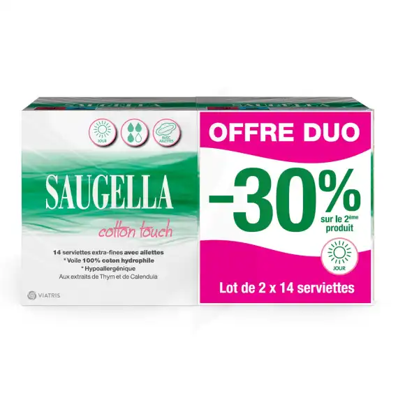 Saugella Cotton Touch Serviette Périodique Avec Ailettes Jour Lot De 2