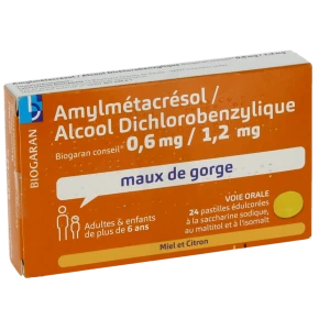 Amylmetacresol/alcool Dichlorobenzylique Biogaran Conseil 0,6 Mg/1,2 Mg Miel Et Citron, Pastille édulcorée à La Saccharine Sodique, Au Maltitol Et à L'isomalt