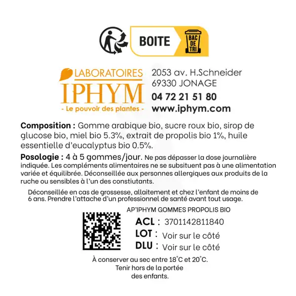 Iphym Conseil Ap’iphym Gommes à Mâcher Propolis Miel Eucalyptus Bio 45g