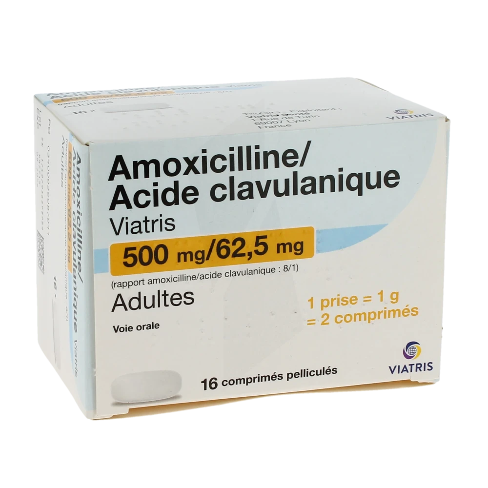 Amoxicilline / Acide Clavulanique Viatris 500 Mg/62,5 Mg Adultes, Comprimé Pelliculé (rapport Amoxicilline/acide Clavulanique : 8/1)