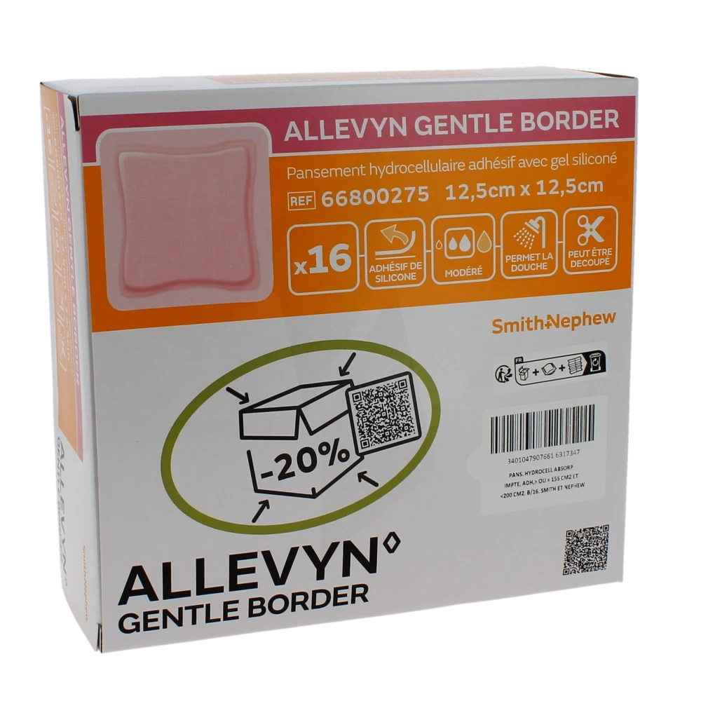 Allevyn Gentle Border Pansement Hydrocellulaire Adhésif Stérile Très Absorbant 12,5x12,5cm B/16
