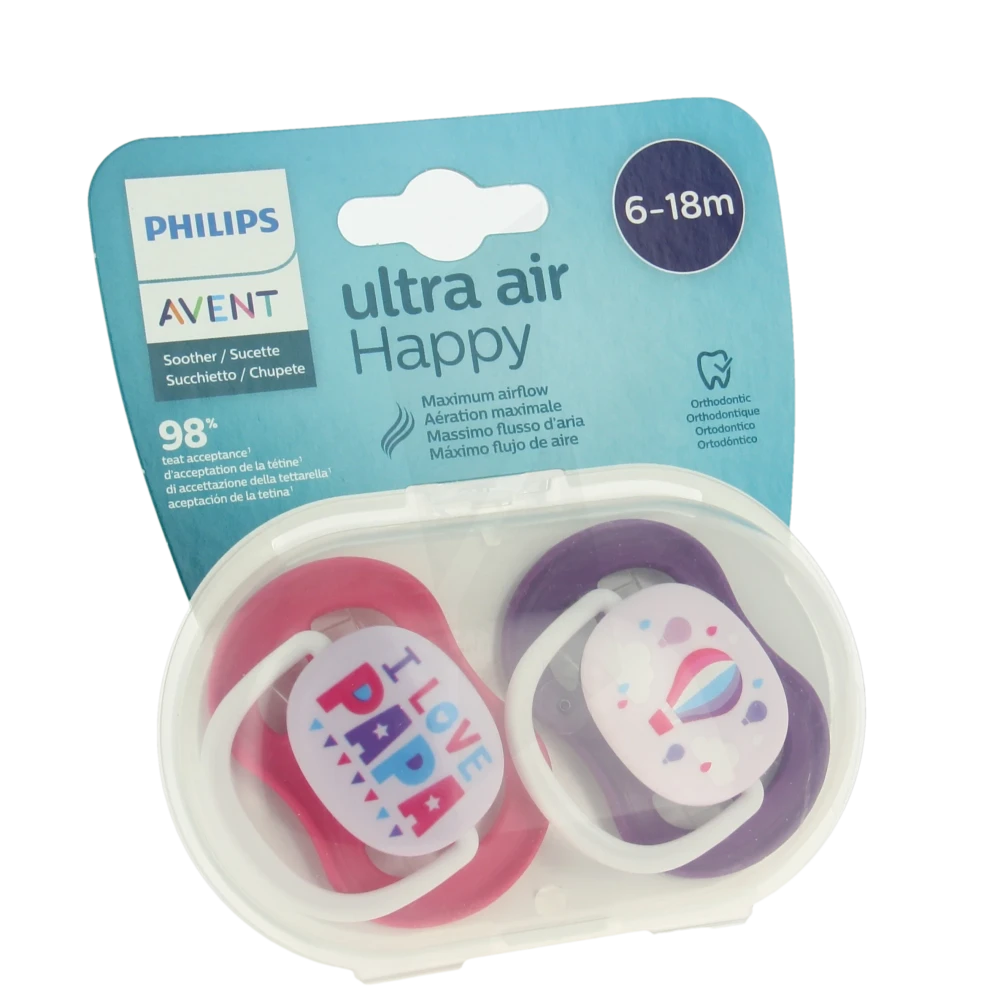Avent Ultra Air Sucette Silicone 6-18mois Girl Love Papa B/2