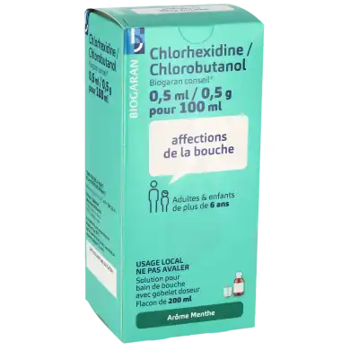 CHLORHEXIDINE/CHLOROBUTANOL BIOGARAN CONSEIL 0,5 ml/0,5 g pour 100 ml, solution pour bain de bouche en flacon