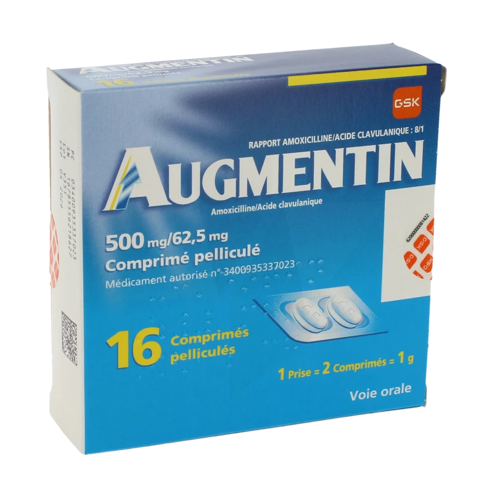 Augmentin 500 Mg/62,5 Mg, Comprimé Pelliculé (rapport Amoxicilline/acide Clavulanique : 8/1)