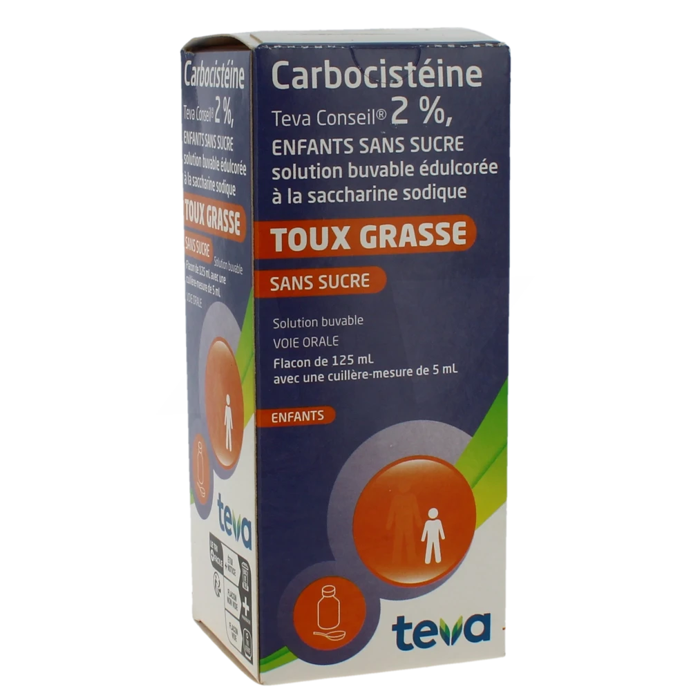 Carbocisteine Teva Conseil 2 % Enfants Sans Sucre, Solution Buvable édulcorée à La Saccharine Sodique