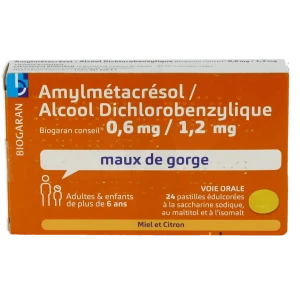 Amylmetacresol/alcool Dichlorobenzylique Biogaran Conseil 0,6 Mg/1,2 Mg Miel Et Citron, Pastille édulcorée à La Saccharine Sodique, Au Maltitol Et à L'isomalt